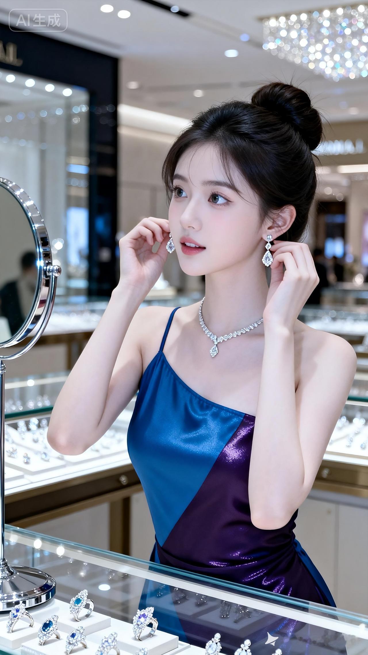 少女立于商场珠宝专柜前挑选饰品，藏蓝紫拼接单肩裙质感莹润。高发髻衬修长脖颈，冷白