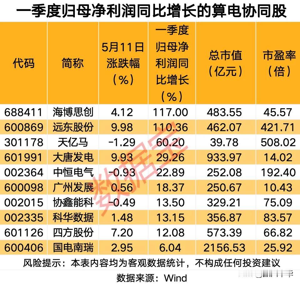 一季度归母净利润同比增长的算电协同股！