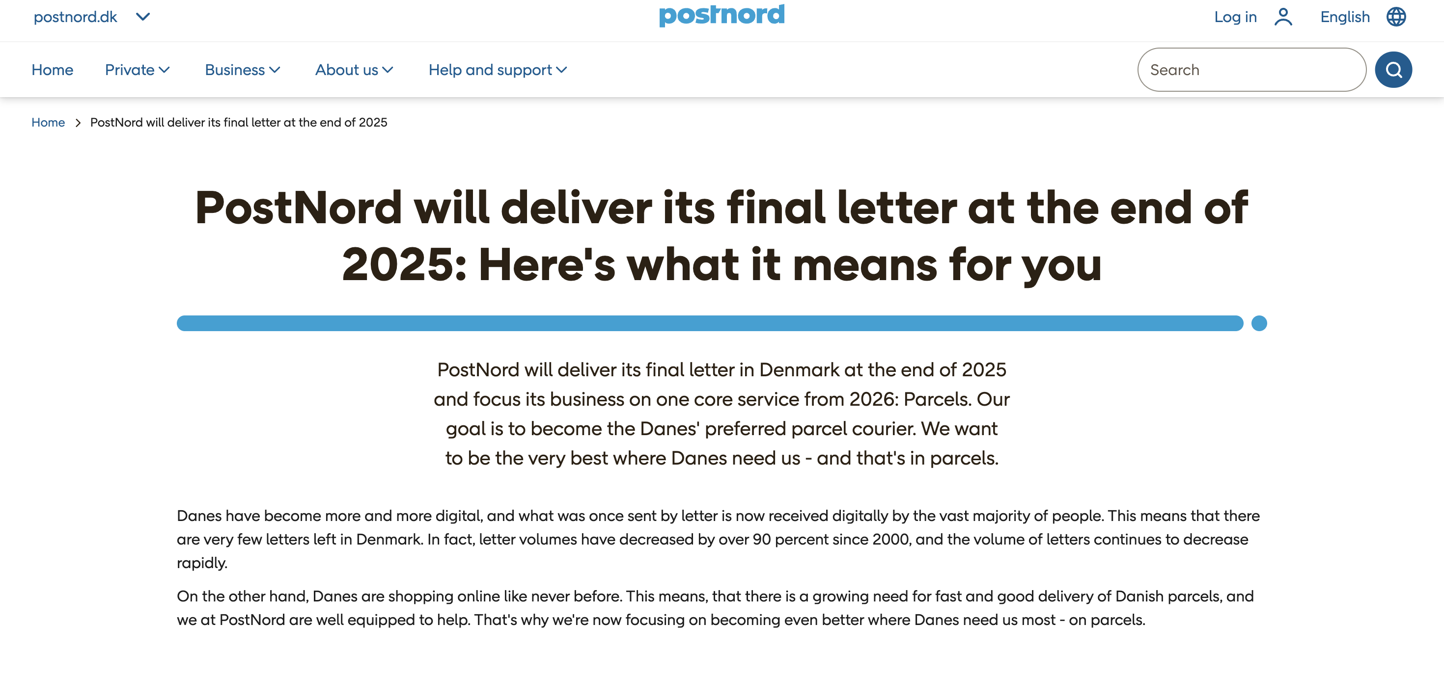 【丹麦邮政将不再接受信件投递】丹麦邮政服务公司PostNord近日宣布，将于12