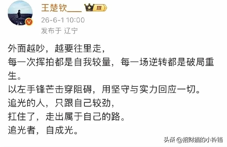 当你觉得自己熬不下去的时候，来看看王楚钦的这段文字吧，他会带给你无穷的力量。
“