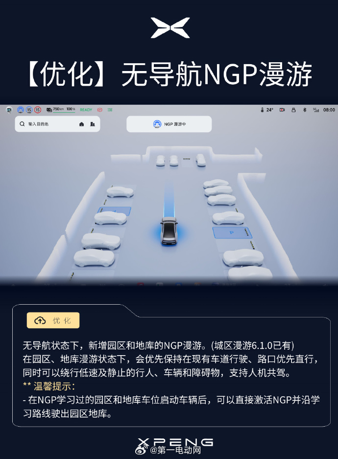 小鹏VLA2.0 第二个版本：园区地库无导航NGP漫游、全场景原地起步、终点车位