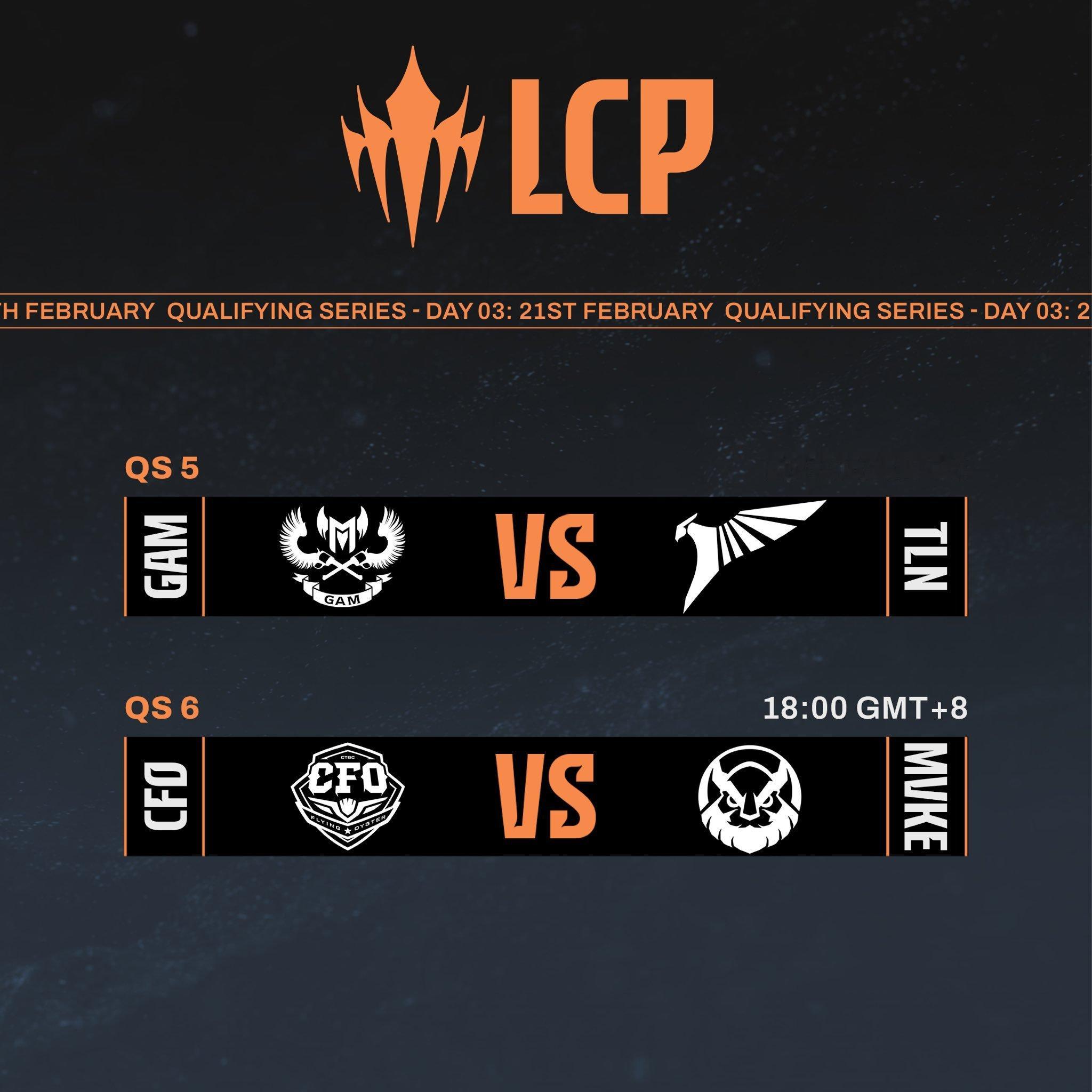 LCP赛区今日赛事预告：18：00  GAM vs TLN20：00CFO vs