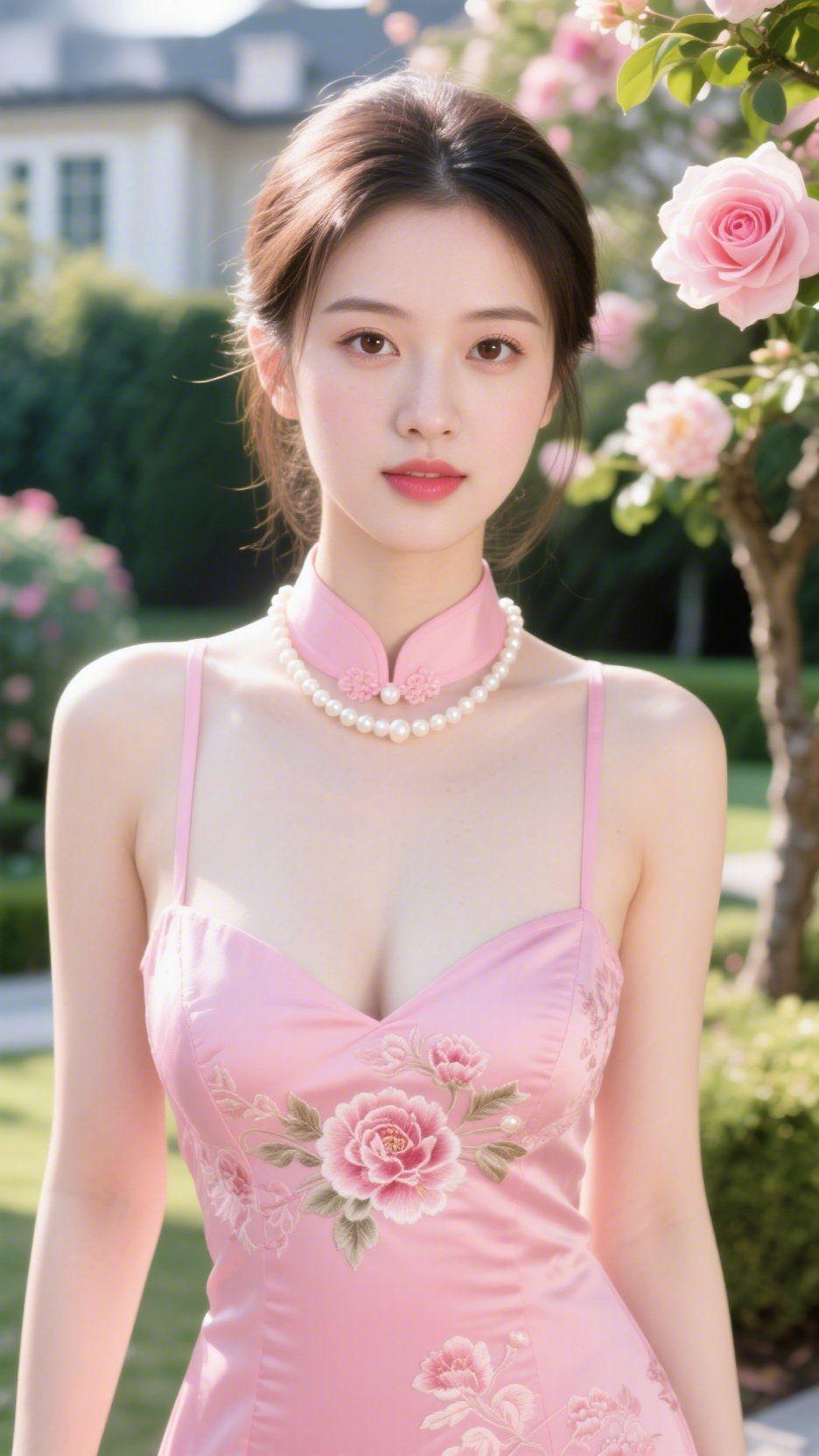 《粉襟春韵里的柔》
 
浅粉衣装裹着缎面软光，领口盘扣缀着珍珠，像把春日桃色绣入