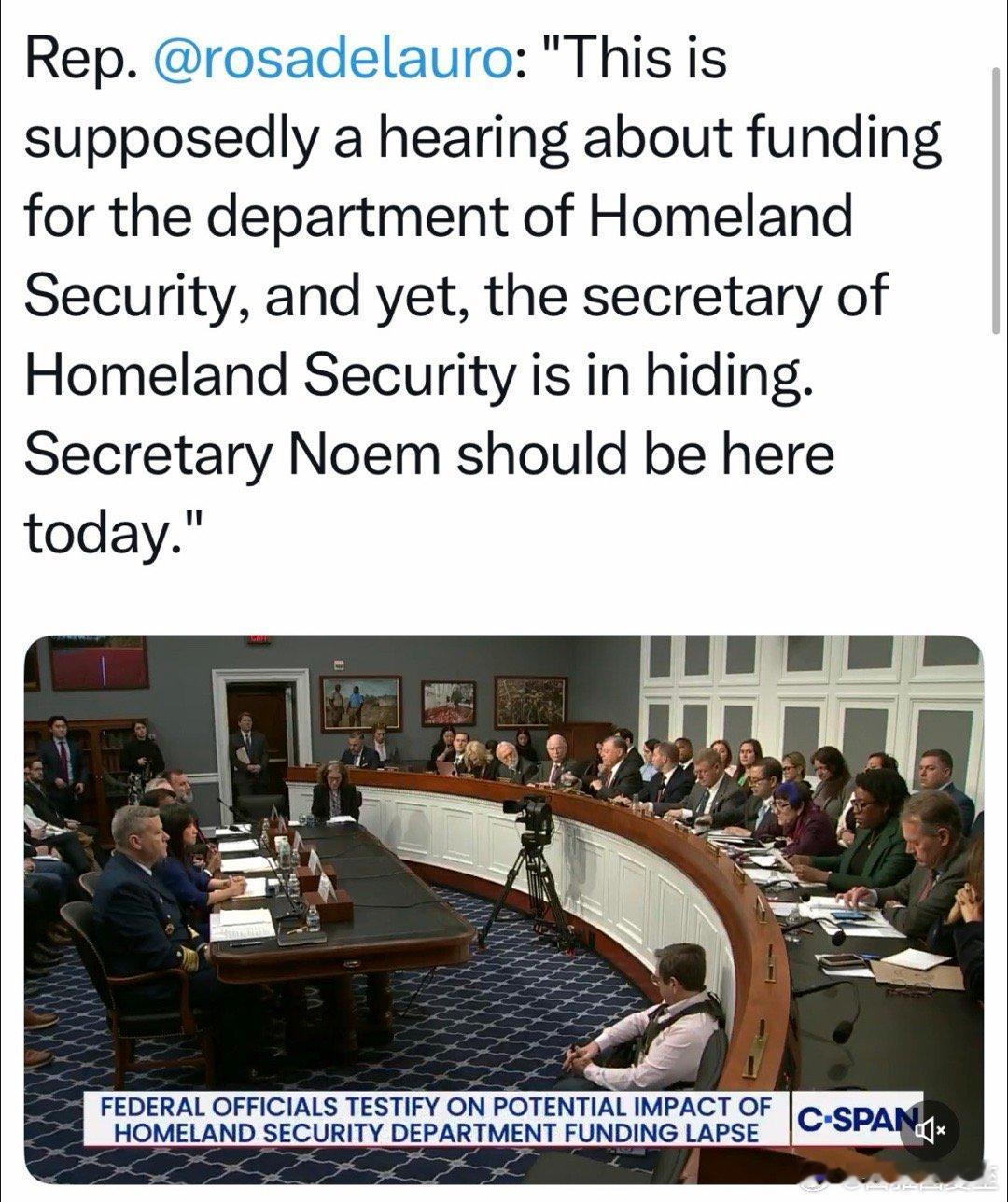 国会就“国土安全拨款”进行的听证，国土安全部长没有参加拨款委民主党负责人：部长躲