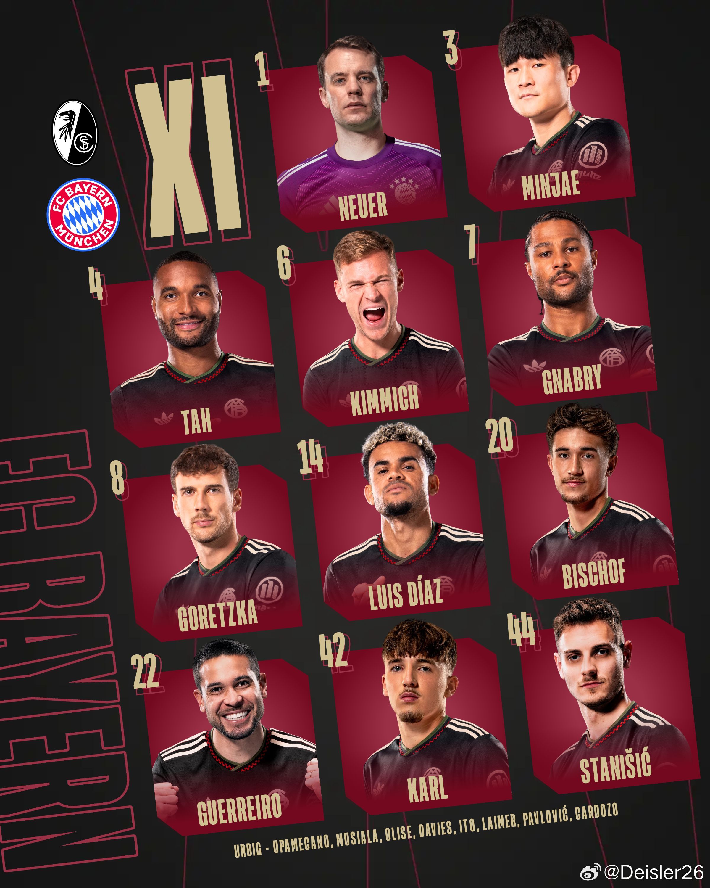 🚨弗頼堡🆚拜仁，拜仁首發出爐🔥🔥🔥 