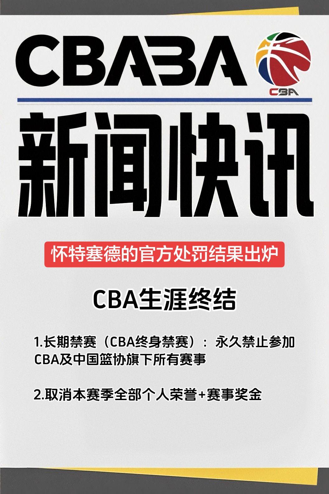 、官方处罚（CBA/中国篮协，2026-07-11）
🏀 怀特塞德长期禁赛（C