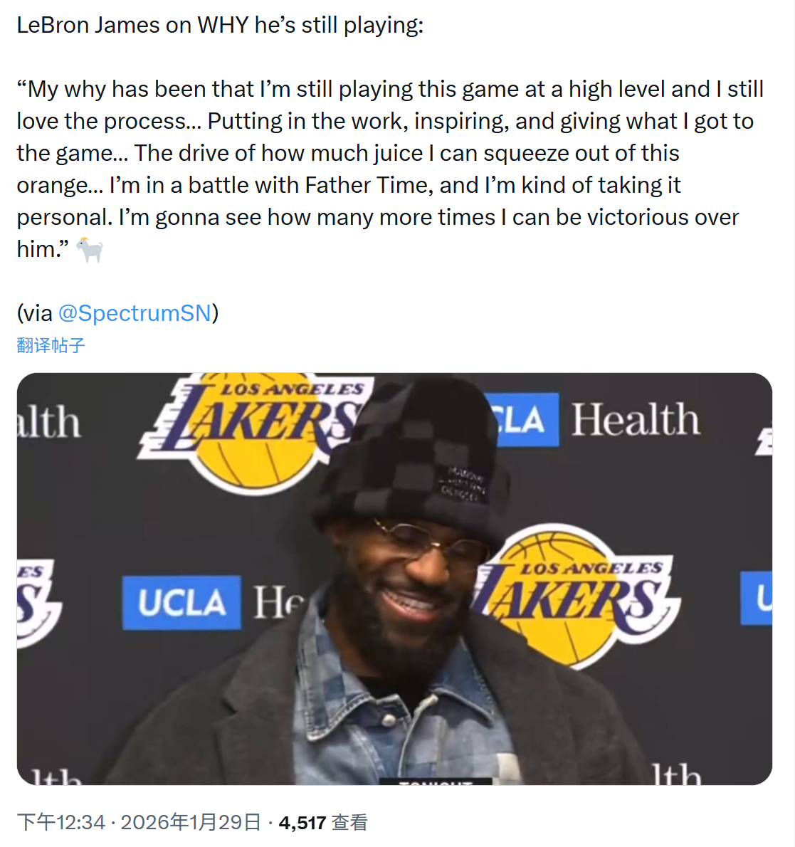 詹姆斯谈自己为何仍在打球：“我之所以还在打，是因为我依旧能维持在高水准，也依然热