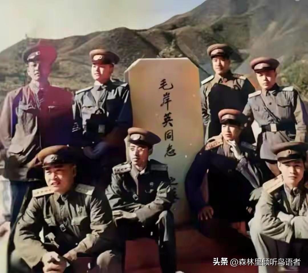 几位志愿军指挥员回国之前，在毛岸英的墓碑前，留下的合影。
这张看似普通的照片，承
