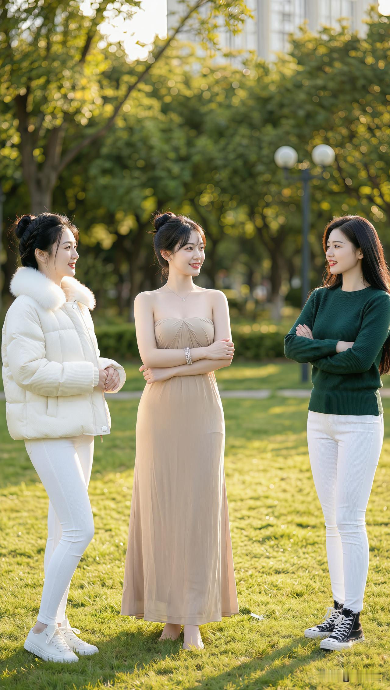 游园三友
 
三姝闲立翠芳丛，
笑语轻随暖日融。
最是春光留客处，
绿阴如幄映花