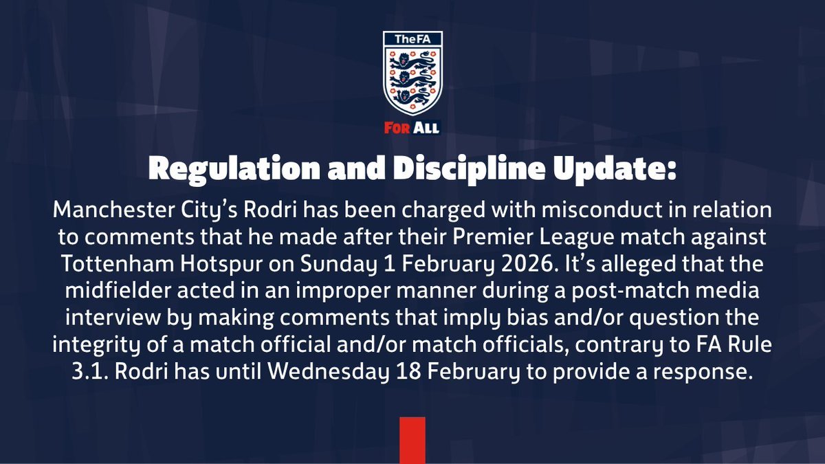 曼城中场球员罗德里因在与托特纳姆热刺战平后发表有关裁判的言论而被罚款8万英镑。没