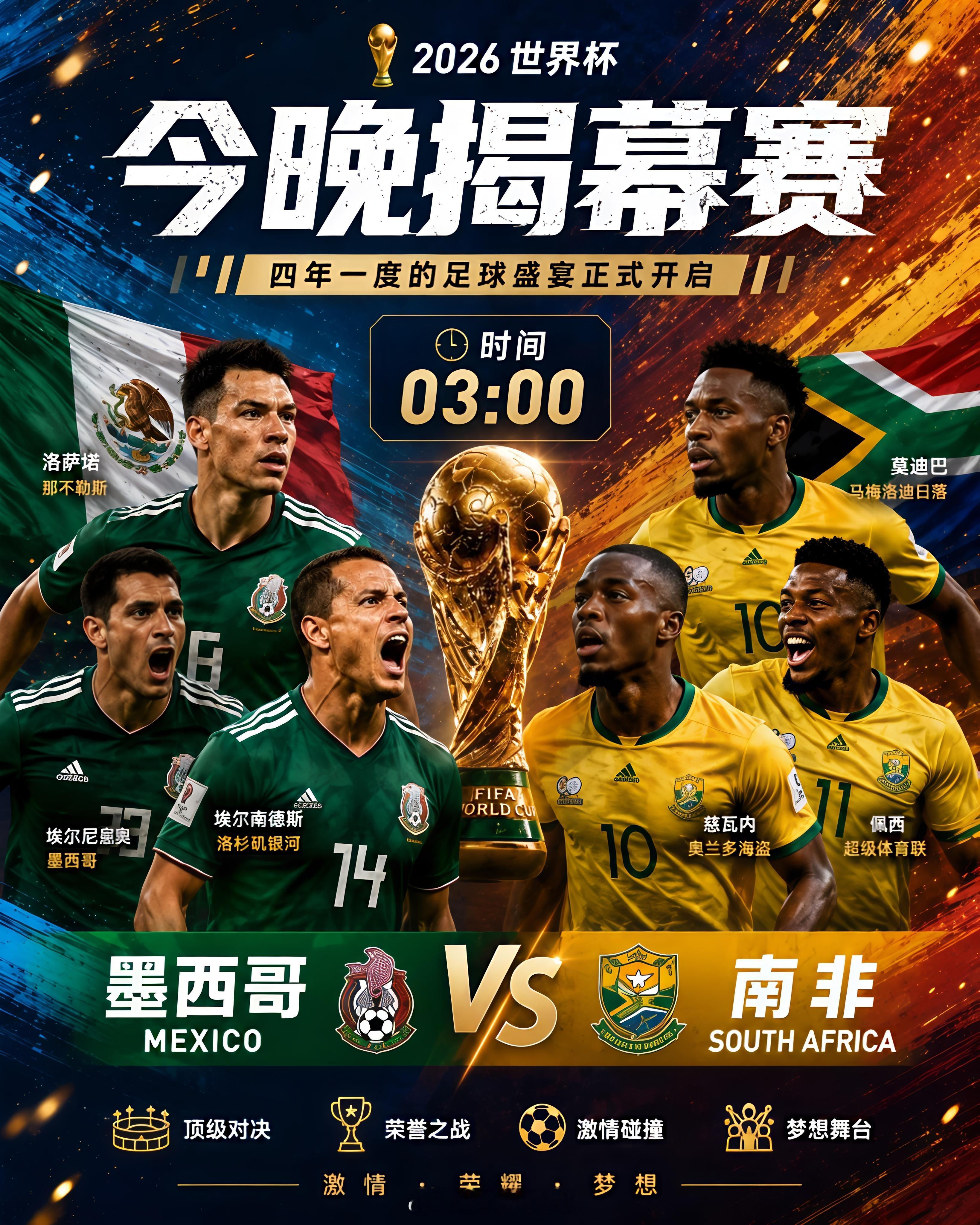 2026美加墨世界杯 ⏰ 03:00揭幕战：墨西哥VS南非四年我们再一次相遇 一
