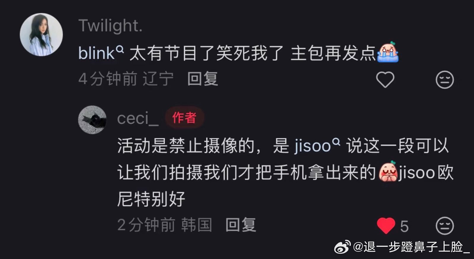 根据一位在现场的粉丝所述，粉丝们原本不允许拍照或录像，但JISOO告诉他们可以这