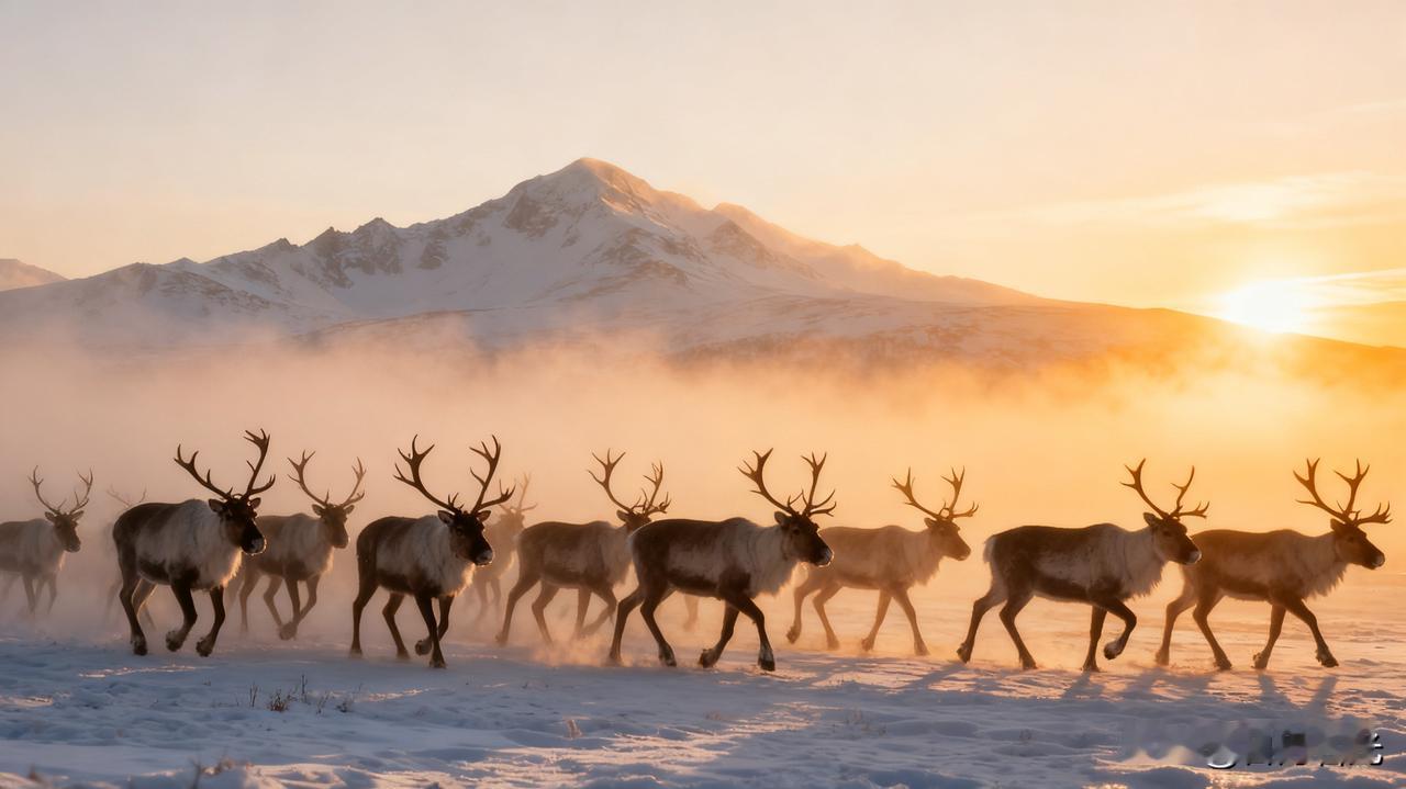 冬日放鹿
 雪原被晨光镀上一层暖金，驯鹿群踏碎薄冰，蹄声在旷野里轻响。它们的角枝