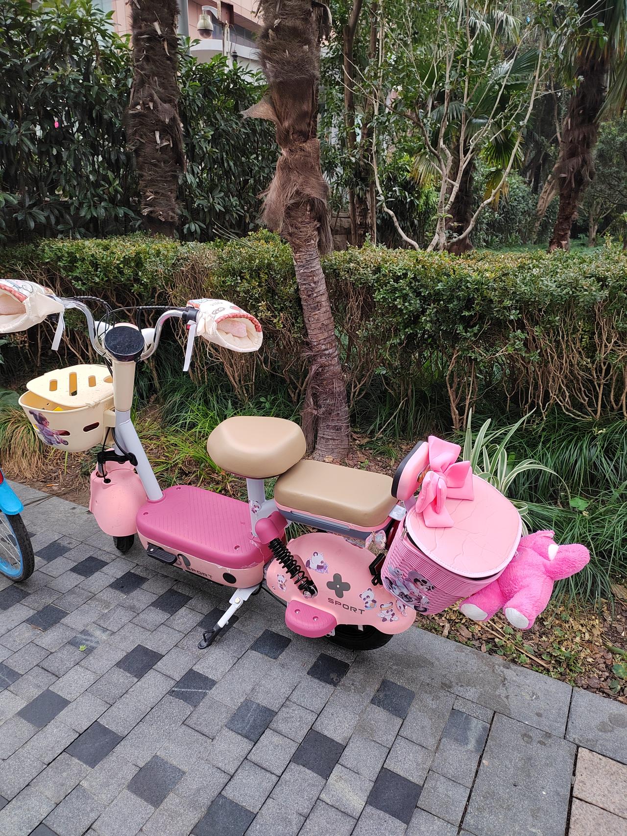 路边偶遇一辆少女心爆棚的电动车。 这辆车周身粉色，车尾有一个粉色的小车筐，不仅戴