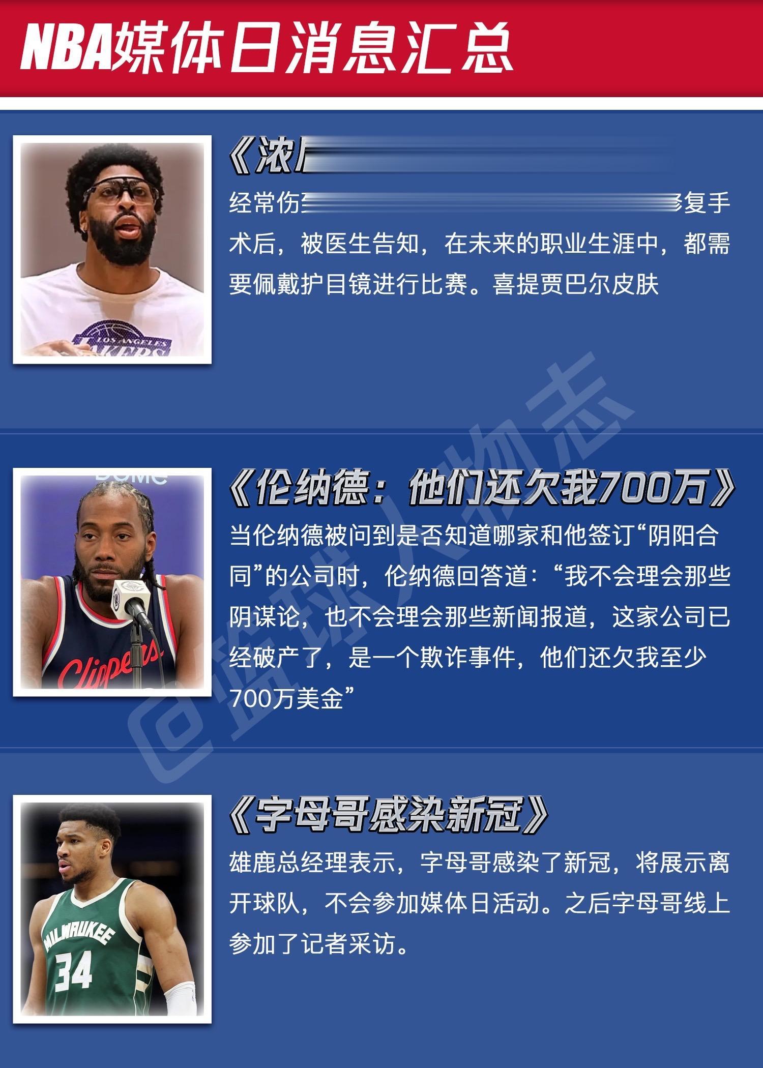 NBA新赛季媒体日消息汇总。“浓眉大眼”