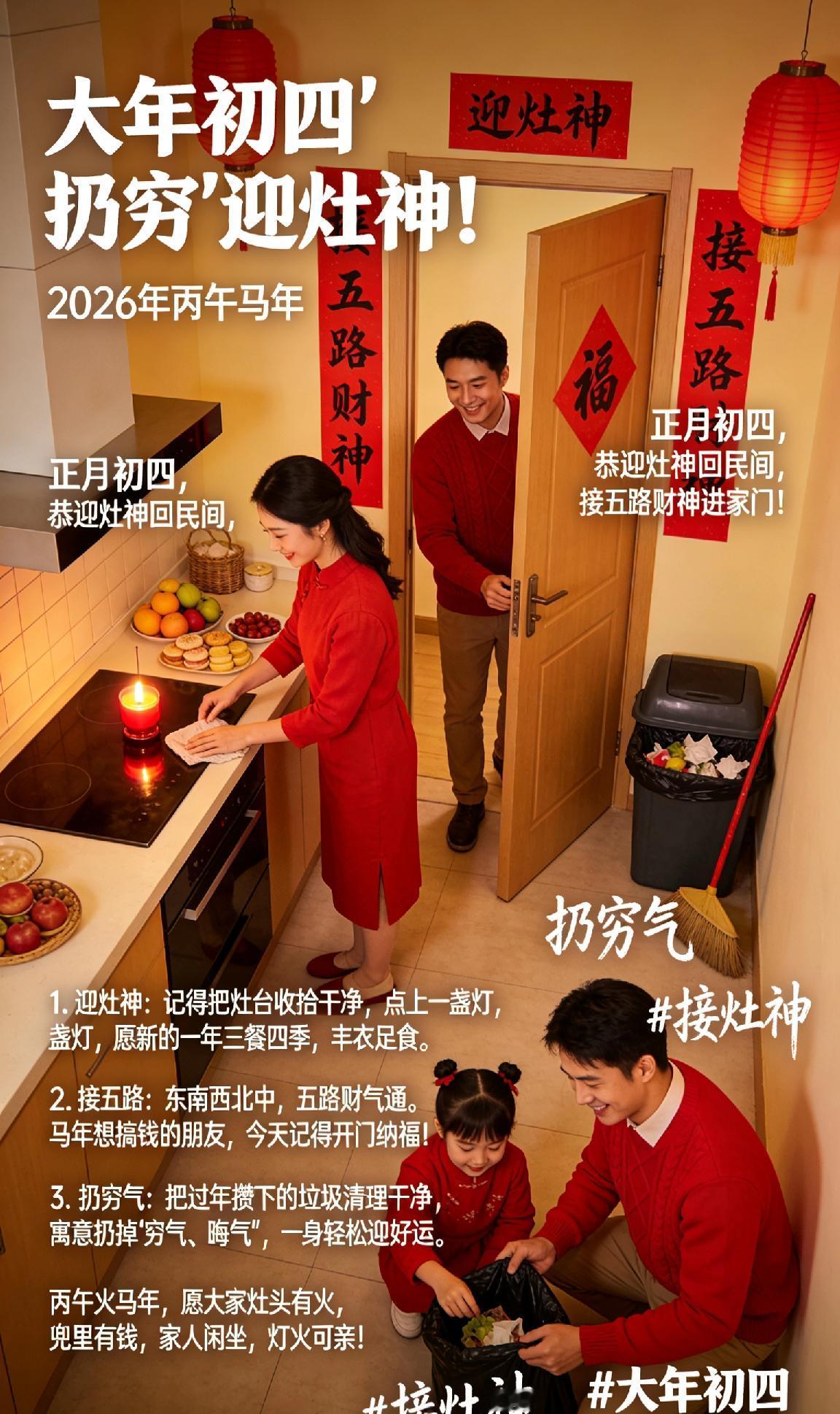 大年初四“扔穷”迎灶神！丙午马年，这3件事别忘做🧧
正月初四，恭迎灶神回民间，
