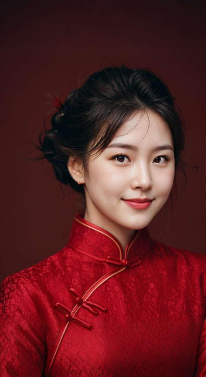 AI扩图 AI红裙浅笑