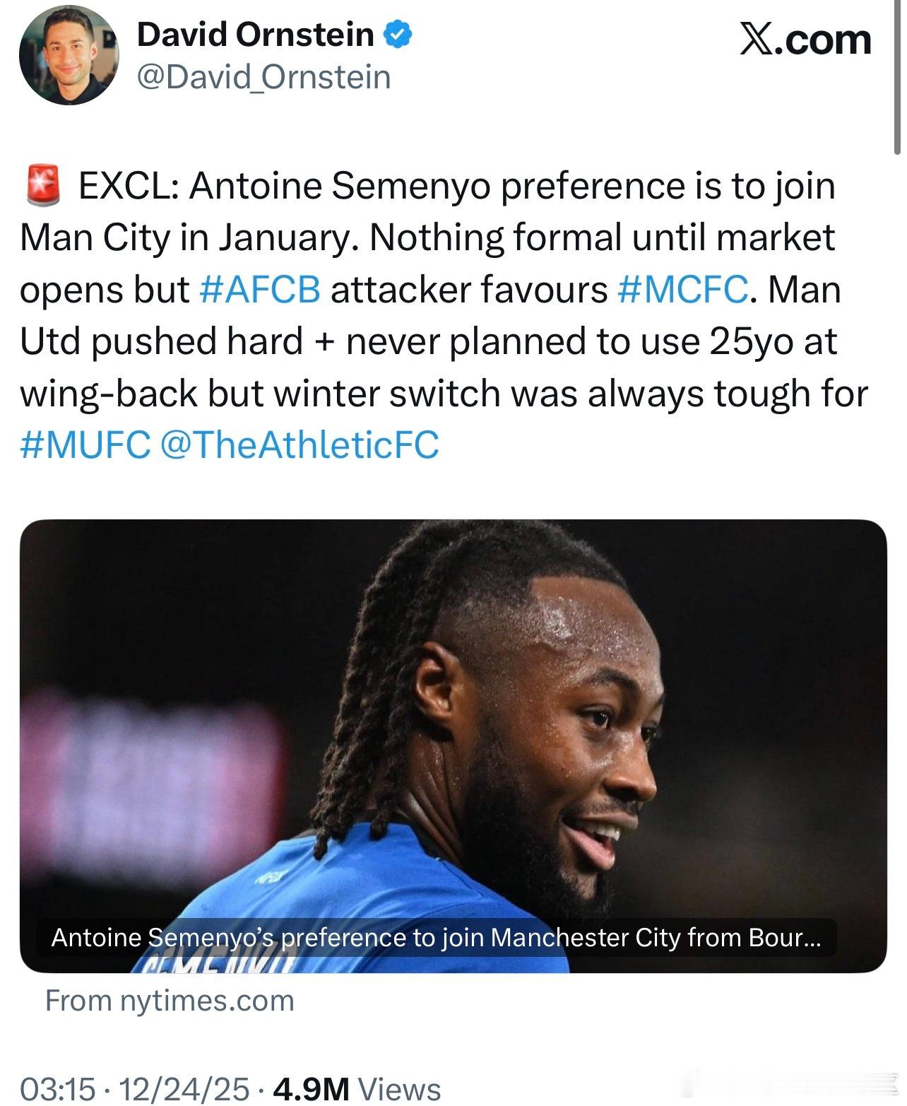 各位猜对了嘛？奥恩斯坦透露塞梅尼奥更想要加盟曼城。Ben Jacobs说我军在1