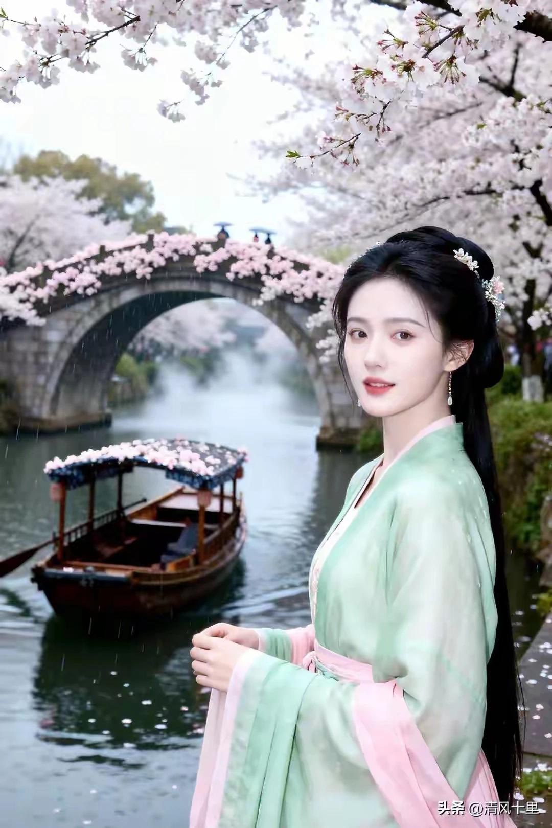 清风续句诗:
青山绕处春意悠，
巷里孩童戏未休。
海棠铺桥烟雨过，
一叶扁舟順水