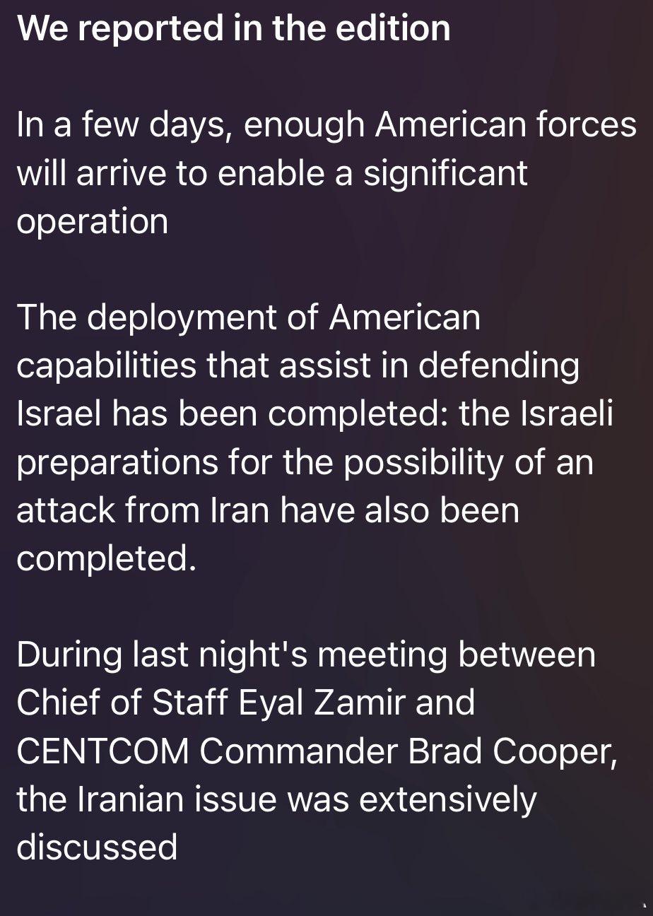 美伊对峙 美方用于协助以色列法西斯抵御伊朗反击的作战部署已全部就绪。据以色列 I