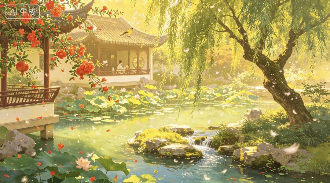 《五月清和》珠乡小女

时序清和，春残夏初。
飞絮将尽，繁红渐疏。

榴花燃岸，