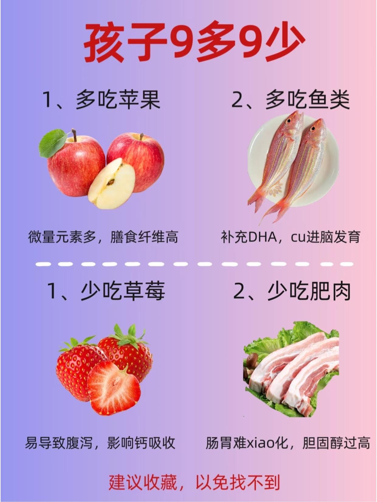 👶宝宝9多吃9少吃|健康成长|爸妈收藏。1️⃣.多吃苹果🍎少吃草莓...