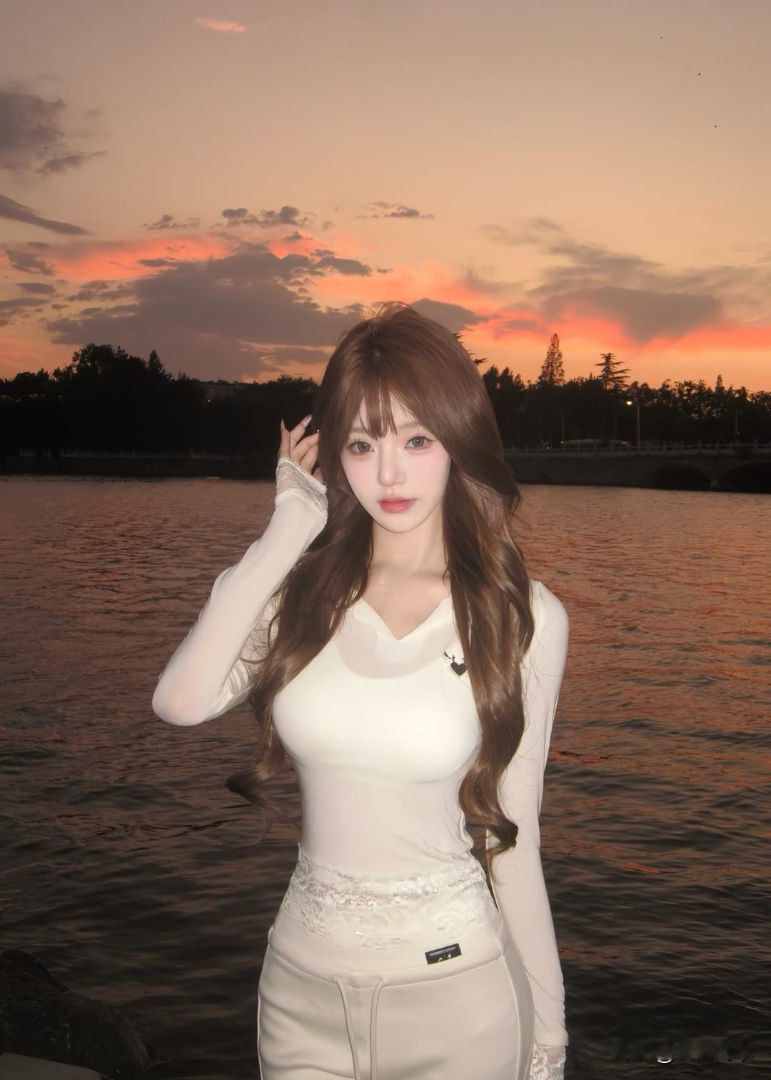 水边美人立，夕阳映红妆。湖畔美人照 湖畔红裙照