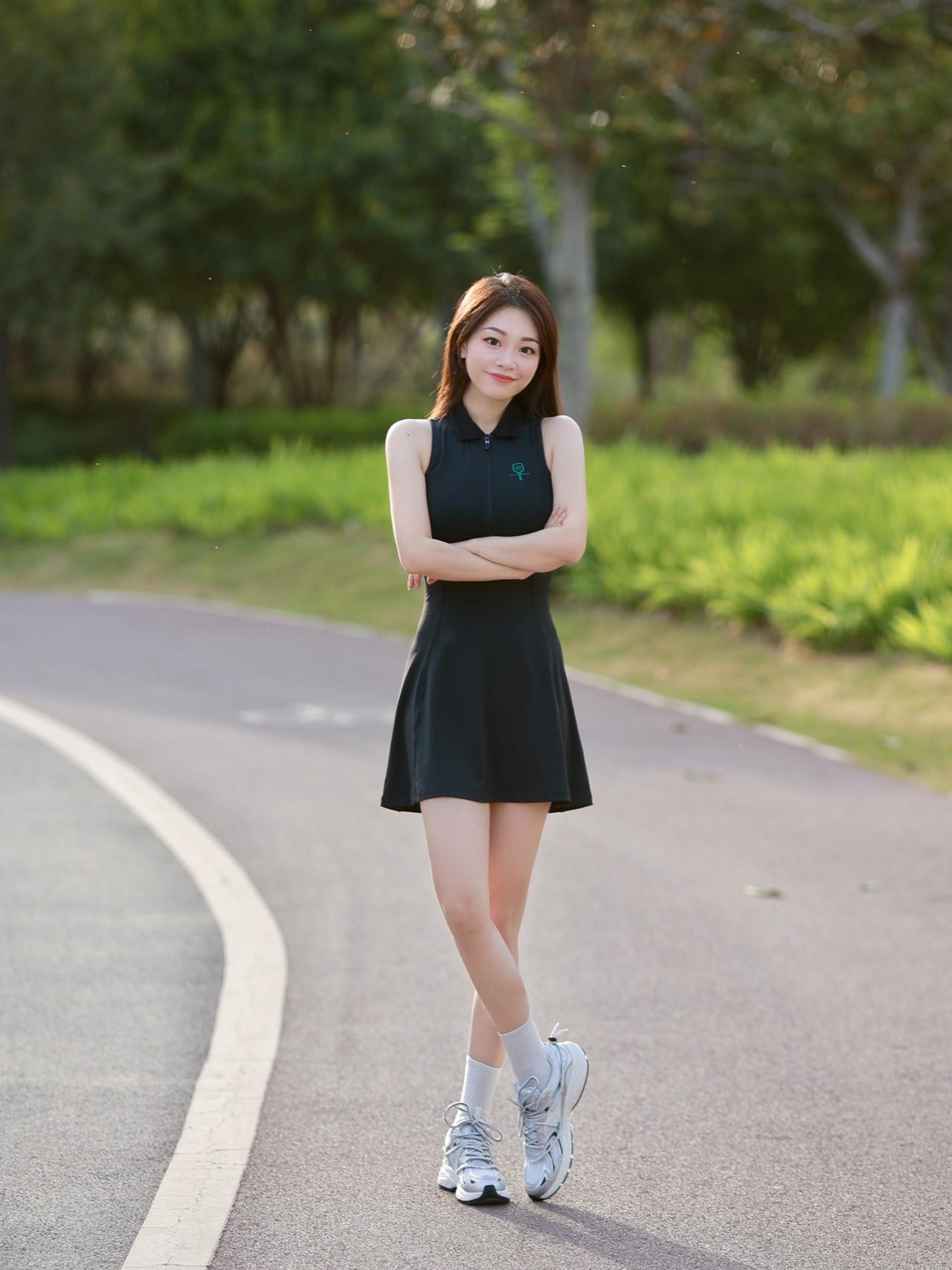 夏日运动风，黑色连衣裙搭配白色运动鞋，活力满满！🌞👗👟