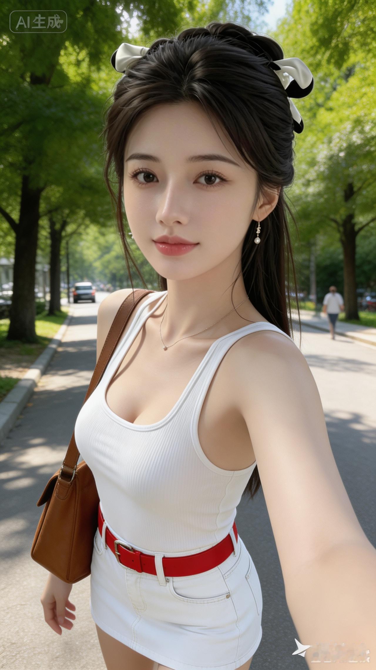 阳光明媚，美女在公园自拍。