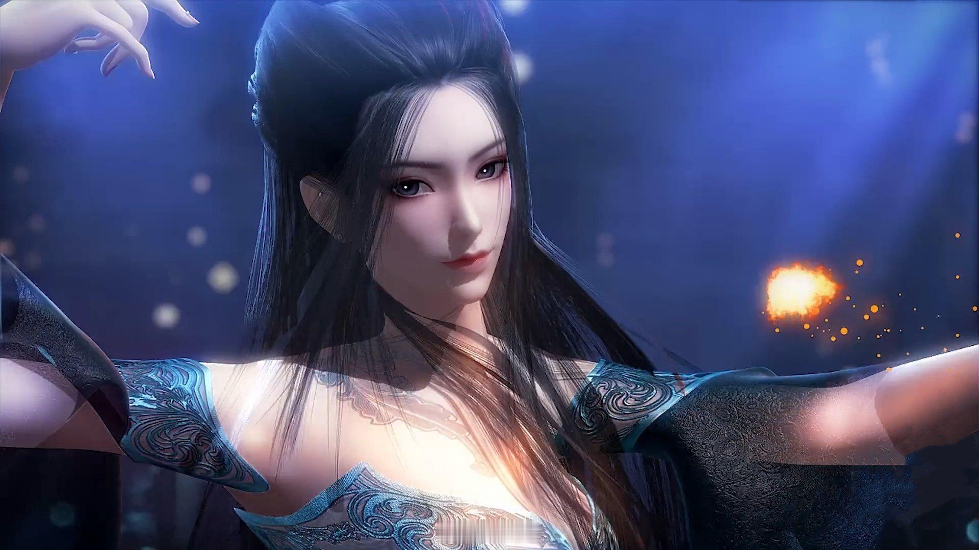 焰灵姬1124生日快乐 天行九歌焰灵姬朱雀焰灵姬蓝绡漫拂夜空柔，纤指轻摇星火浮。