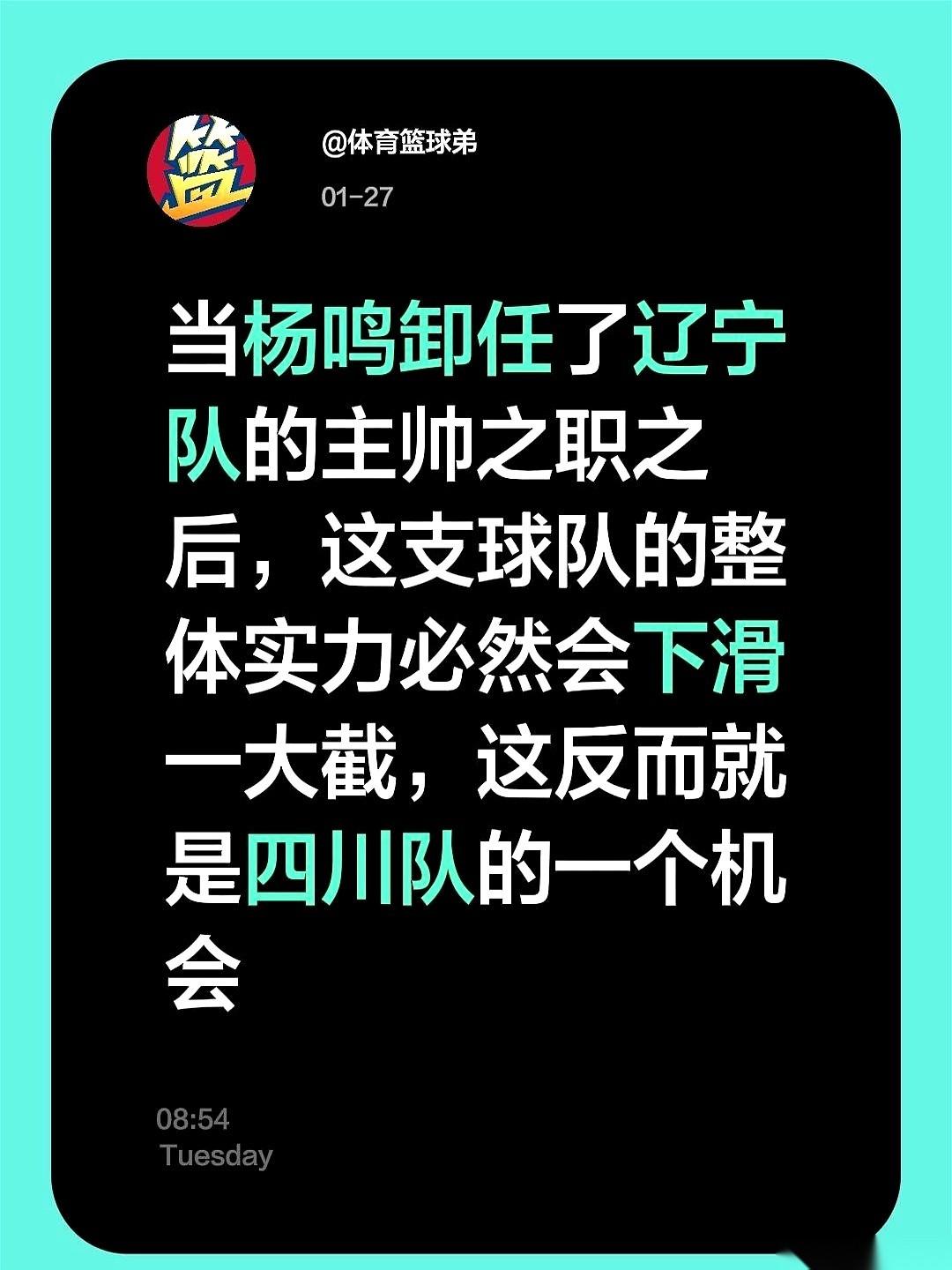 杨鸣走了。
辽篮的魂儿，好像一下子被抽走了。
我刷到这条消息的时候，正靠在沙发上