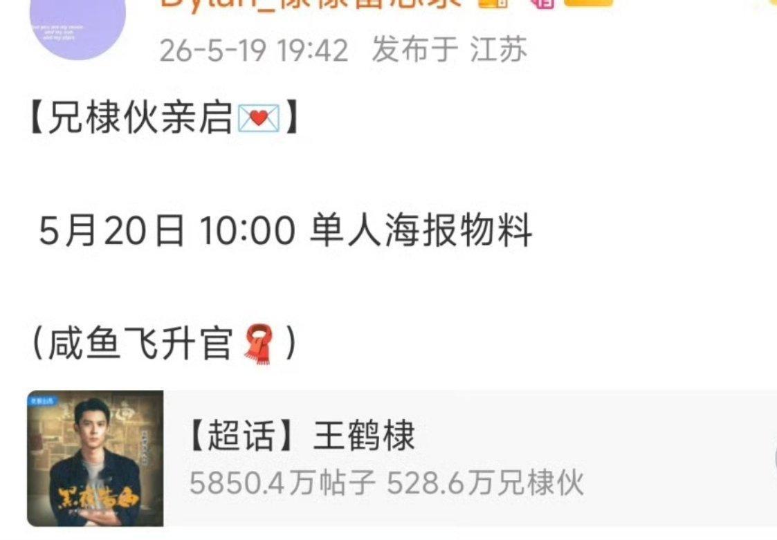 王鹤棣的咸鱼飞升明早10点有单人海报！！ 