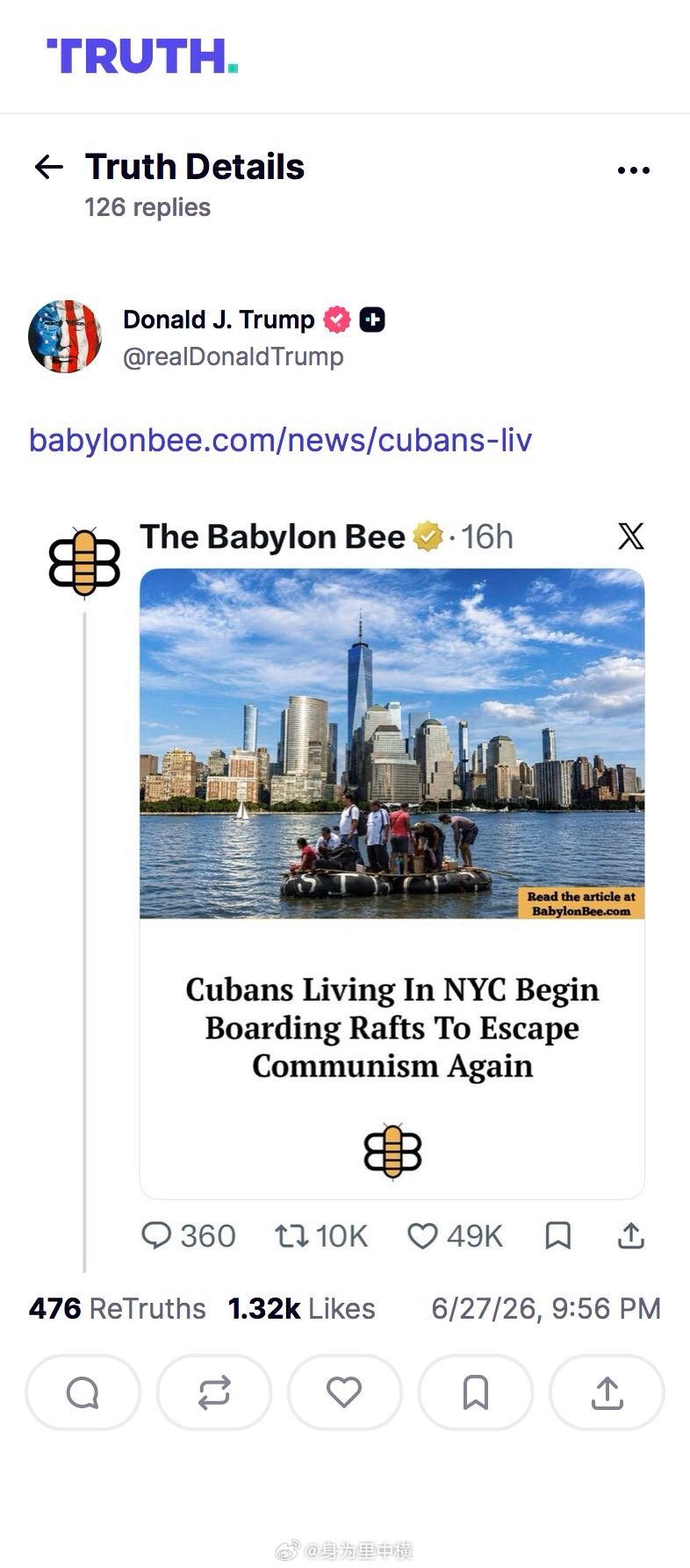 【特朗普转发 The Babylon Bee】🕙 2026年6月27日，美国总