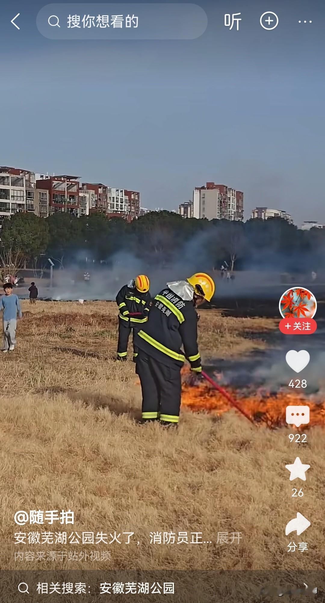 冬天天干物燥，
公园草坪不小心着火了，
目测只有两个消防员
在不紧不慢地用工具拍