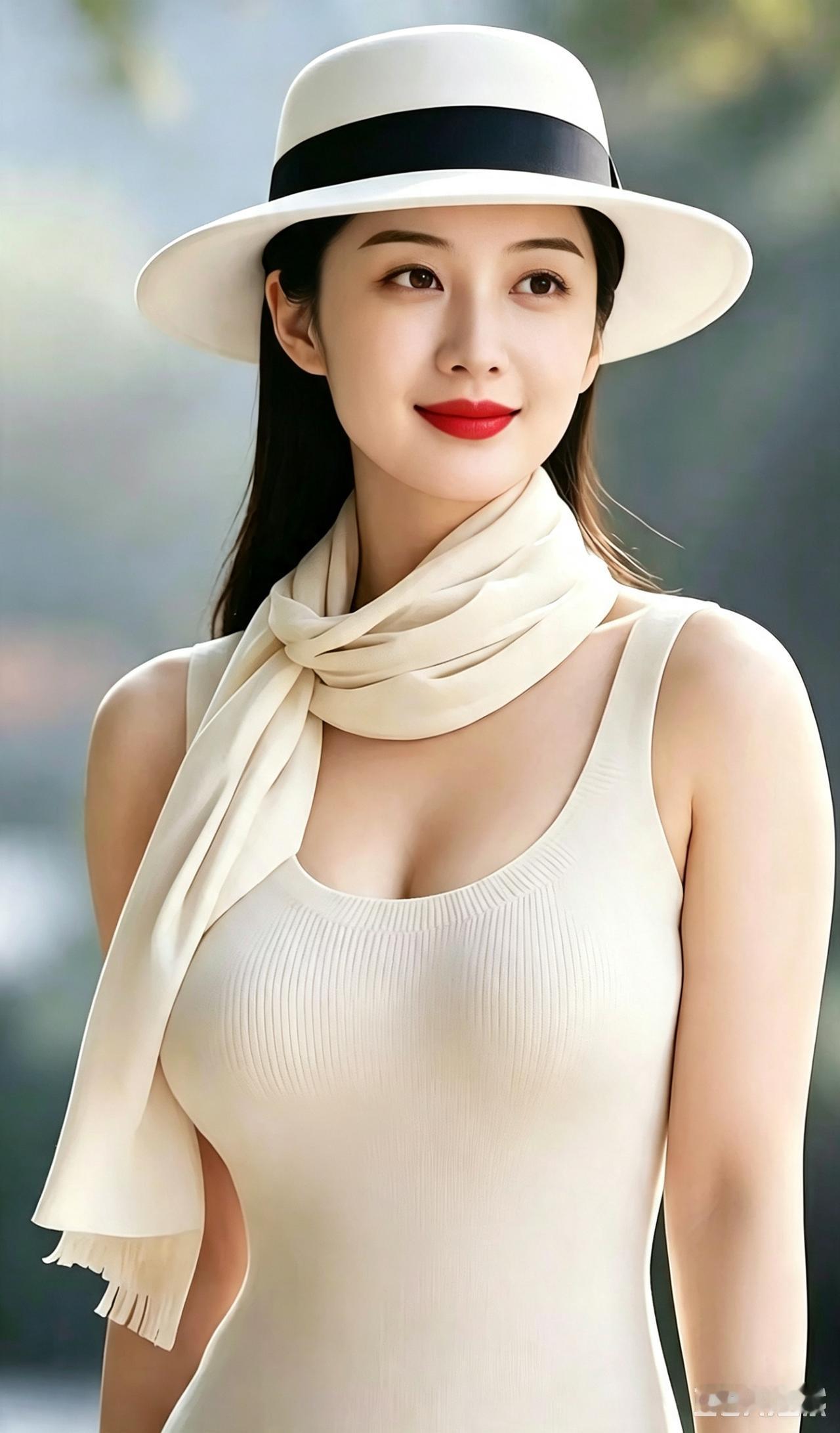 观雅姿佳人
素帽高擎气质彰，
丝巾柔绕映容光。
眉慈目善心肠好，
浅笑盈盈意韵藏