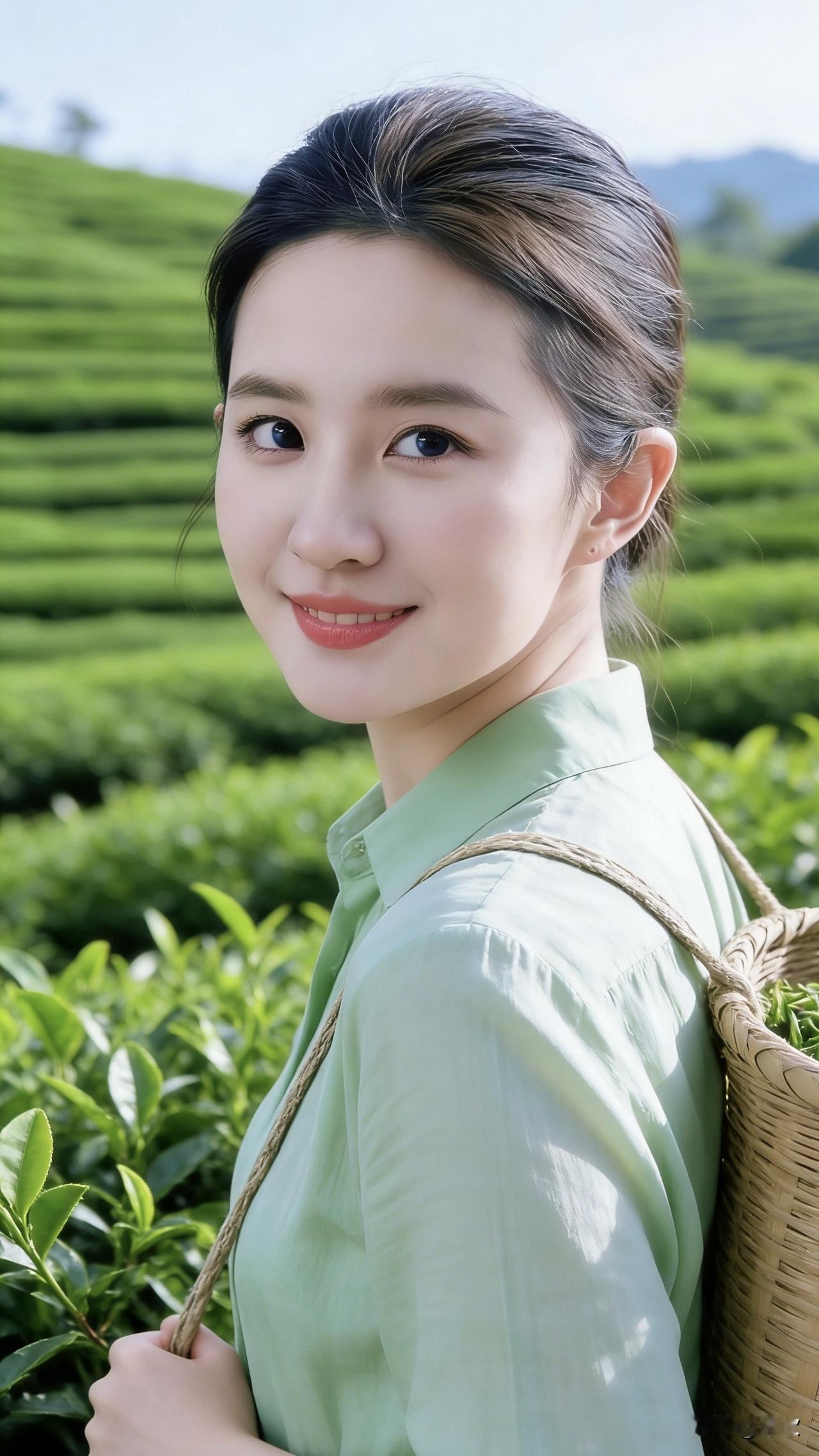 浅绿衬衫的衣料像揉碎的春草，她背着竹篓站在层层叠叠的茶山间，笑容被晴日的暖光染得
