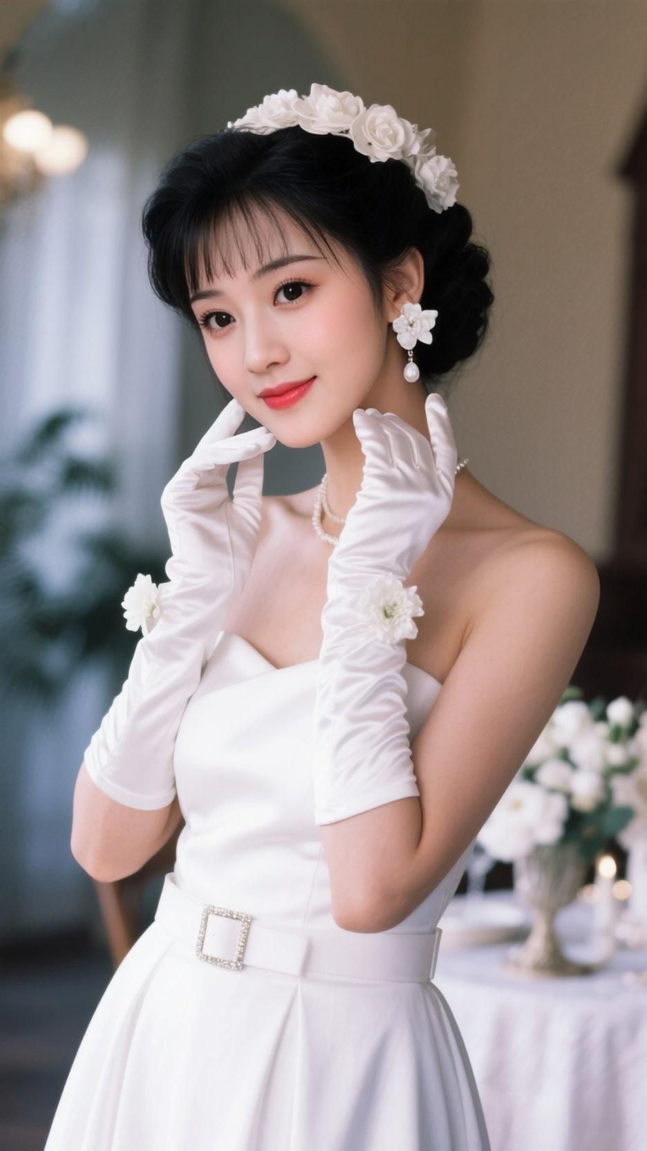 白衣曳地，似揉碎月光裁成裙裾。她立在那里，颈间珍珠随呼吸轻颤，宛如晨露栖于白玫瑰