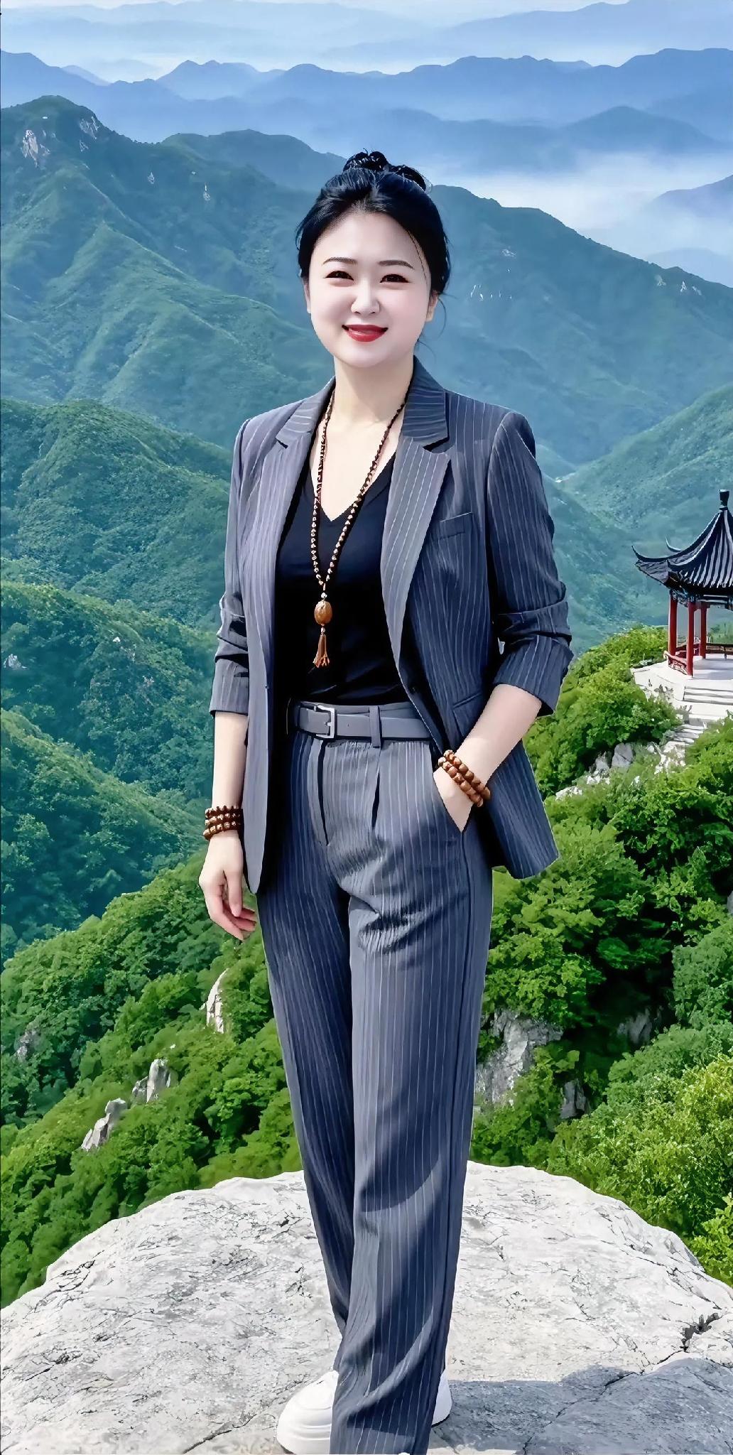 登高望远，满目青山叠翠，云雾在山间缓缓流淌。一身简约干练的条纹西装，站在山巅巨石