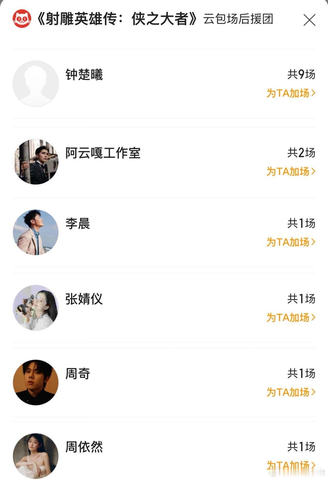 阿云嘎、李晨、张婧仪、周奇、周依然、钟楚曦（没头像不知道是不是）都包场支持了射雕