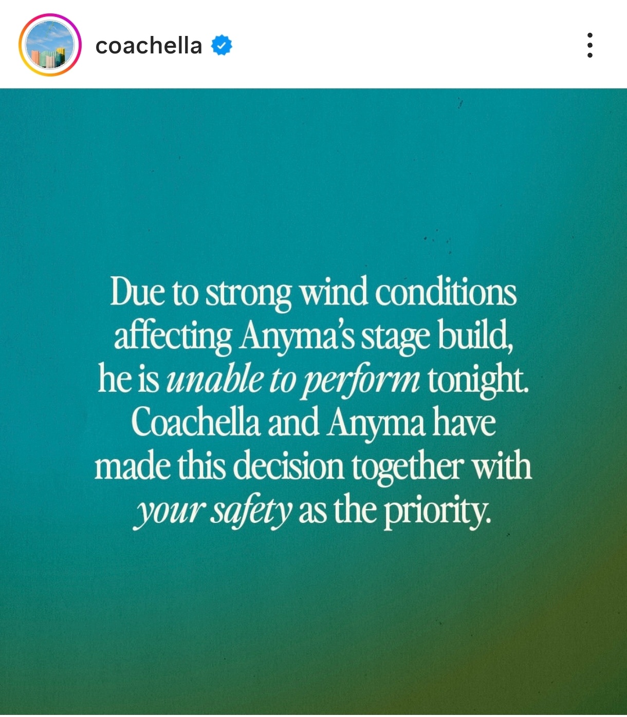 科切拉官方更新“由于强风影响了Anyma的舞台搭建，他今晚无法演出。科切拉音乐节