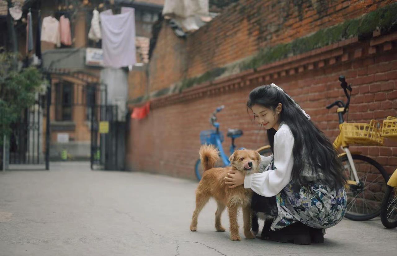 在老街的巷子里，与小狗的温馨时光🐾💕爱狗的美女，与动物的和谐相处，狗是人类最