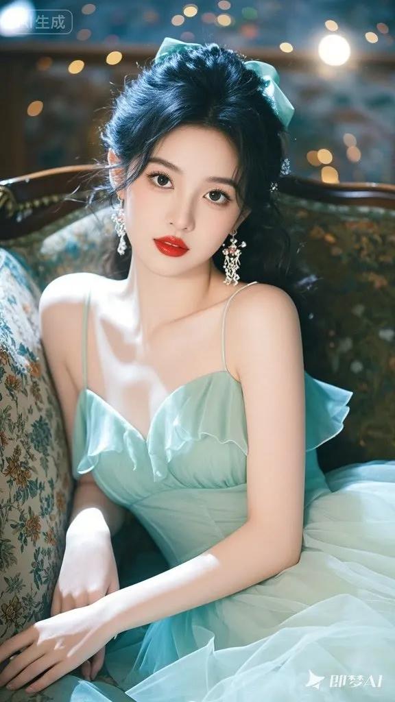 梦幻少女风，优雅蓝裙，甜美红唇，复古背景，仙女范十足！💖🌹👗