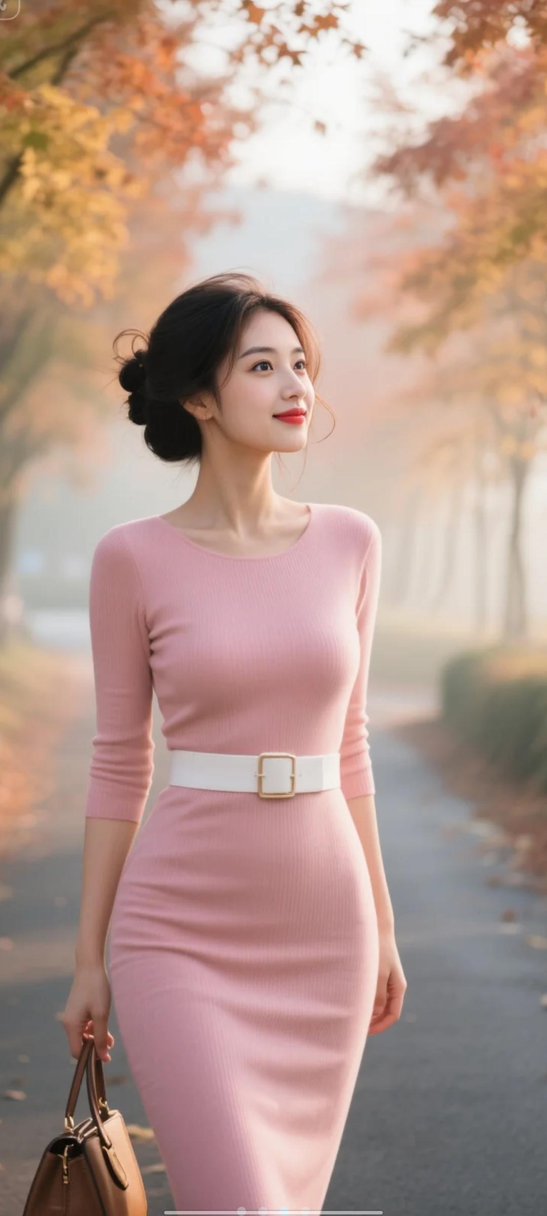 你手机里舍不得删掉的一张照片绝世容颜，早上，在长满枫叶树的路上，遇到一个美女，身