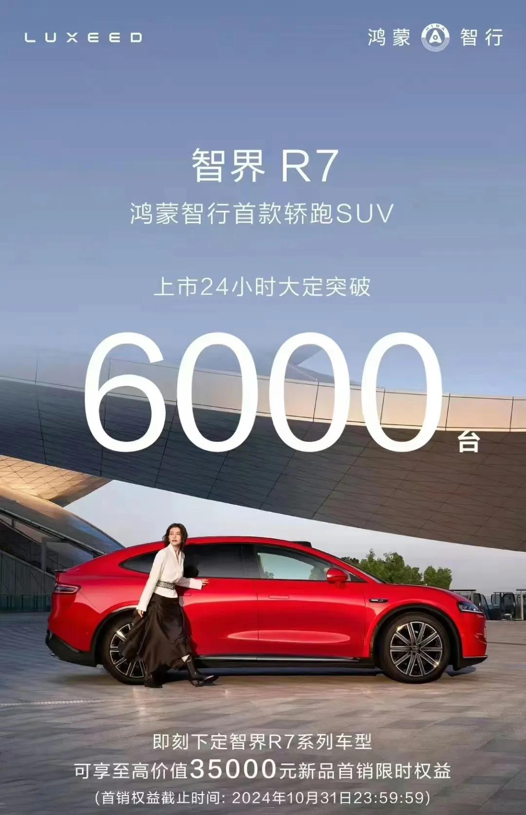鸿蒙智行旗下首款轿跑SUV智界R7上市24小时大定突破6000台。

新车提供P