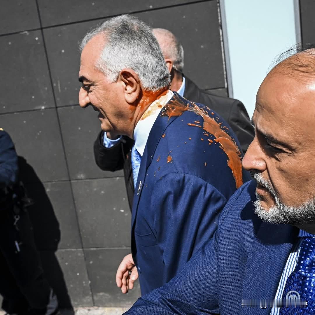 一名示威者在伊朗末代沙阿流亡海外的儿子礼萨·巴列维离开德国柏林的一场新闻发布会时