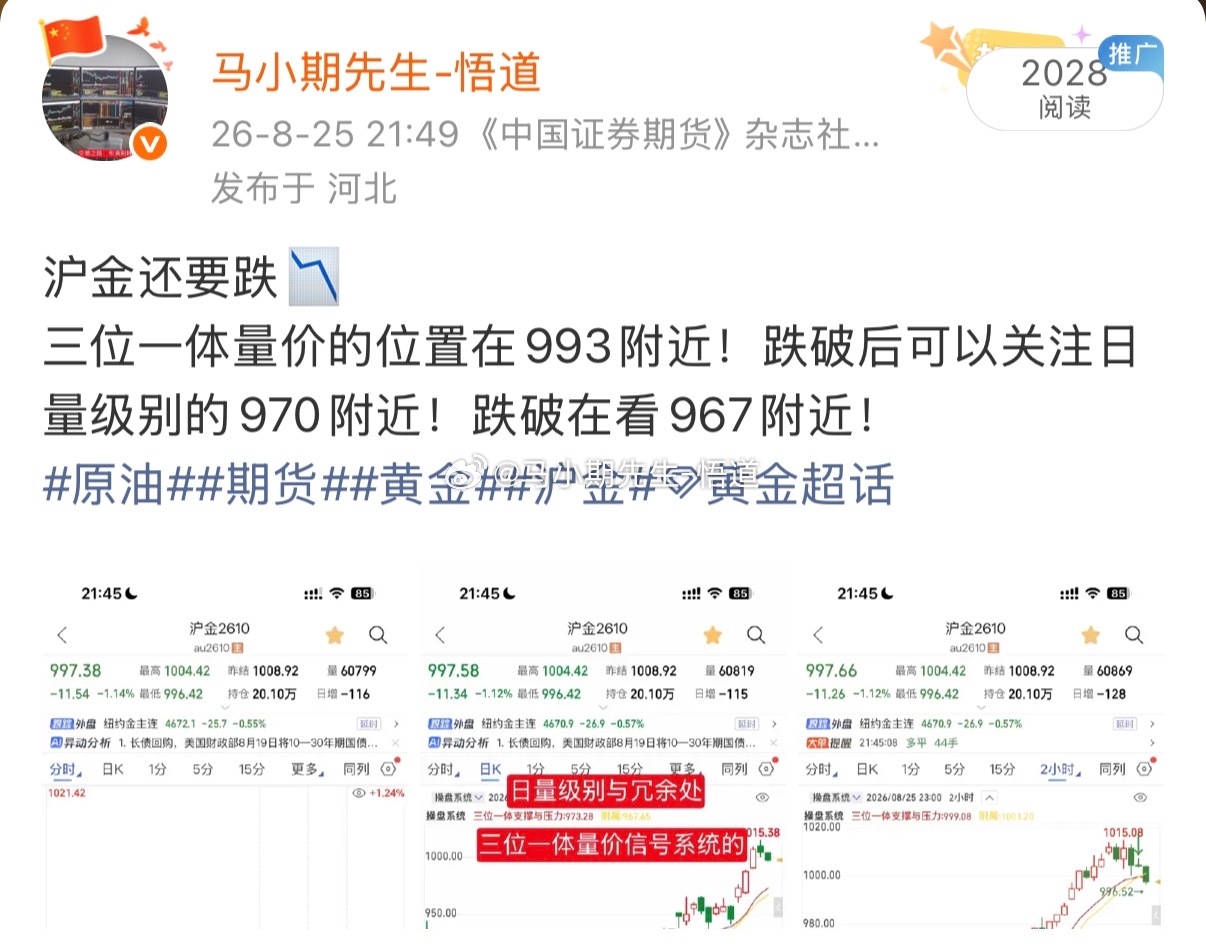独创的三位一体量价信号系统：经典到无话可说8.25号沪金还要跌📉见图一跌到何处