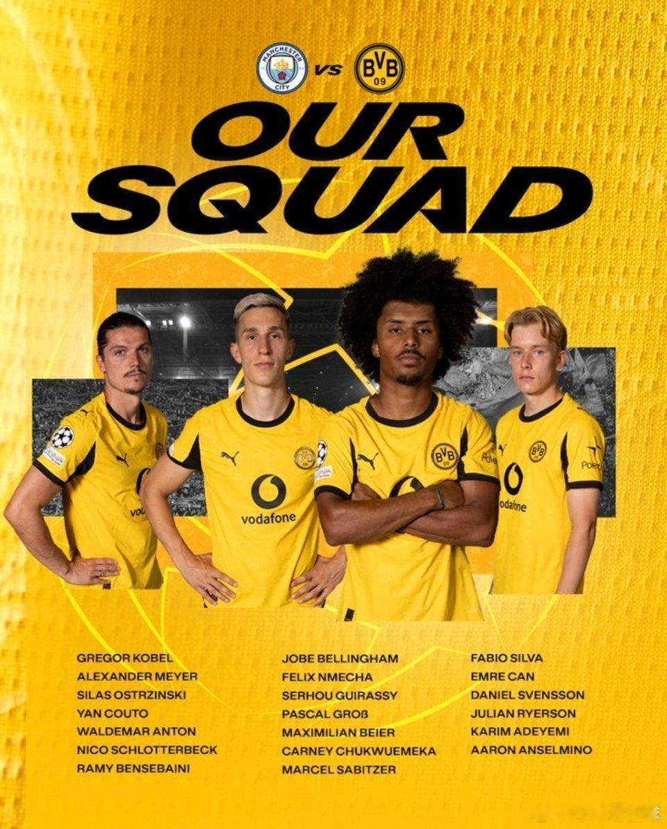 欧冠联赛阶段第4轮，多特蒙德将前往客场对阵曼城。多特的大名单已经公布。门将科贝尔