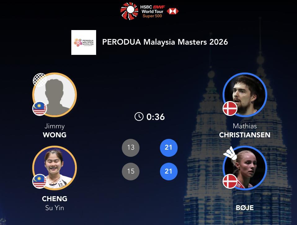 马蒂亚斯/博尔🇩🇰 21-13、21-15 🇲🇾黄显维/钟舒韵下轮：马蒂