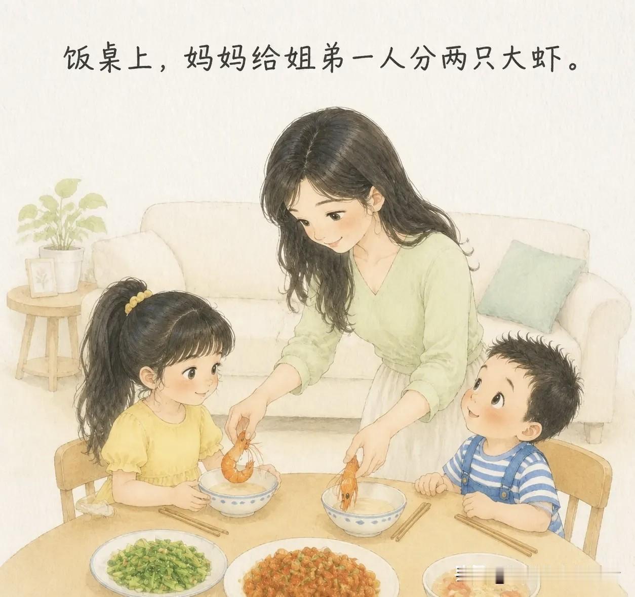 推荐有趣的漫画：妈妈给姐弟一人分两只大虾。姐姐三下五除二吃完，盯着弟弟盘子。弟弟