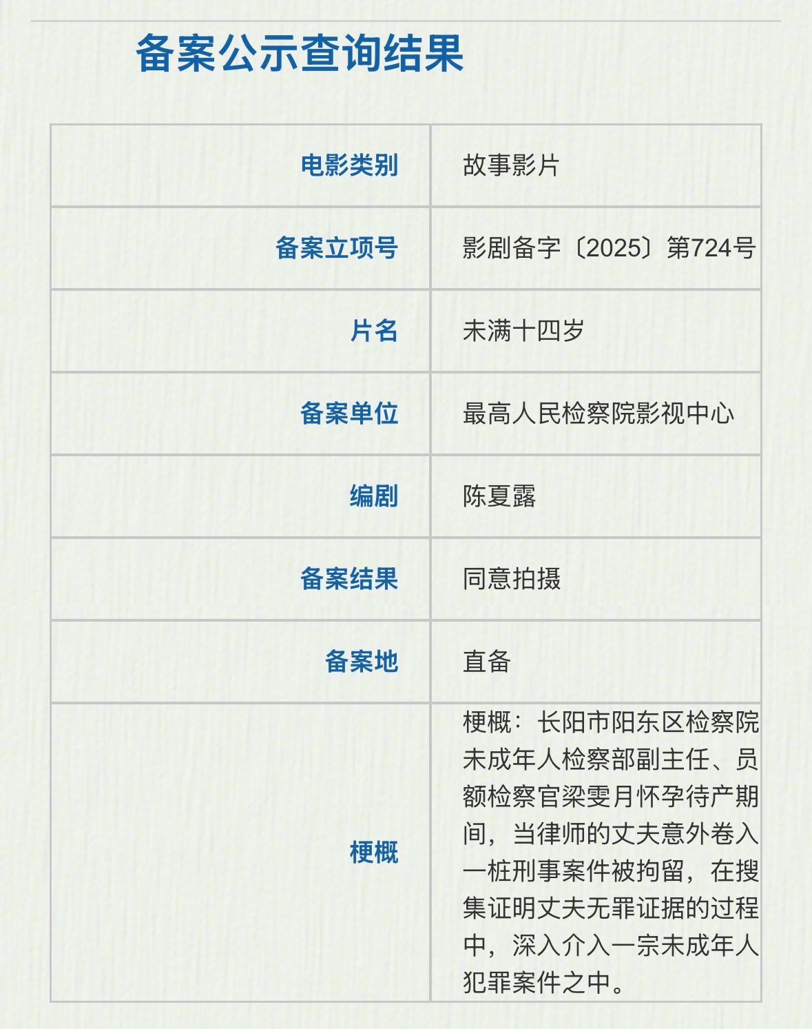 电影未满十四岁立项据国家电影局最新备案、立项公示，电影《未满十四岁》立项，编剧为